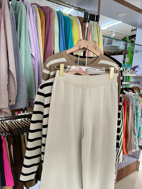 PLOYPA Casual Strip Cardigan With Loose Wide Leg Pants